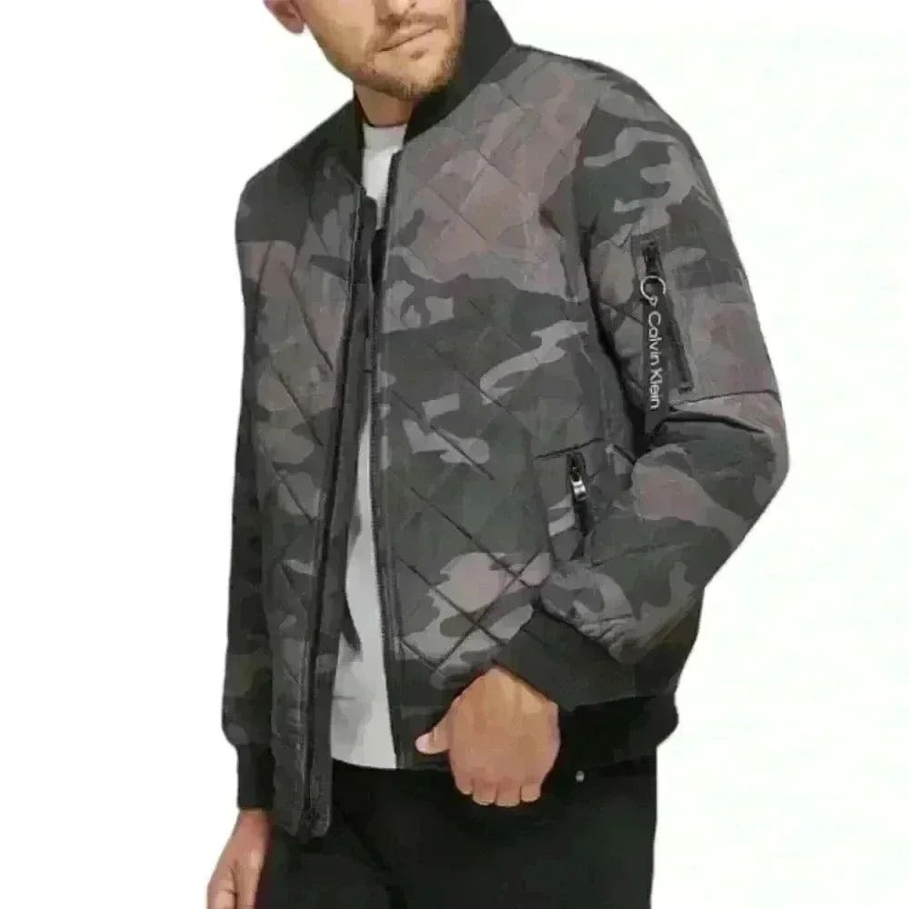Calvin Klein Diamond-Quilt Camo Bomber Jacket Mens S Green Full Zip NWT